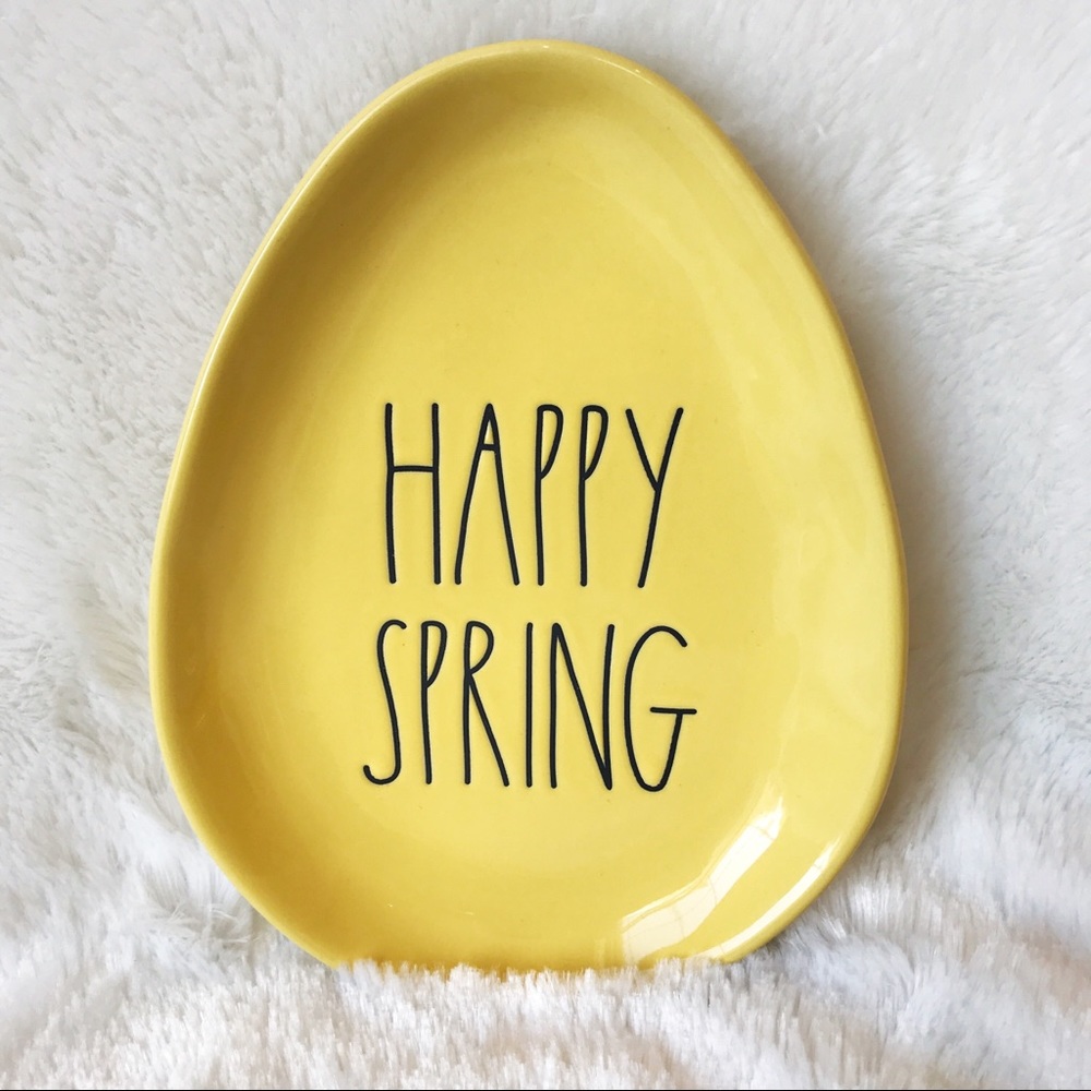 RAE DUNN PLATE HAPPY SPRING YELLOW EGG SHAPED PLATES LARGE BLACK FONT EASTER